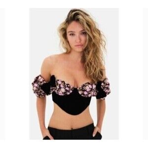 NWT For Love & Lemons Floral Velvet Corset Top small Bows Coquette Bustier